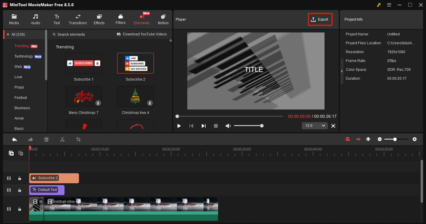 MiniTool MovieMakerでExportアイコンをクリックしている様子