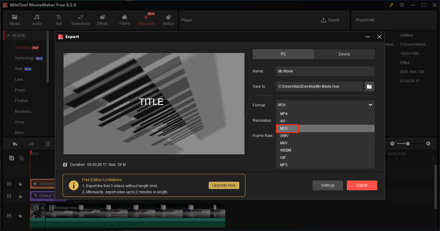 MiniTool MovieMakerでMOVを出力形式として設定している様子