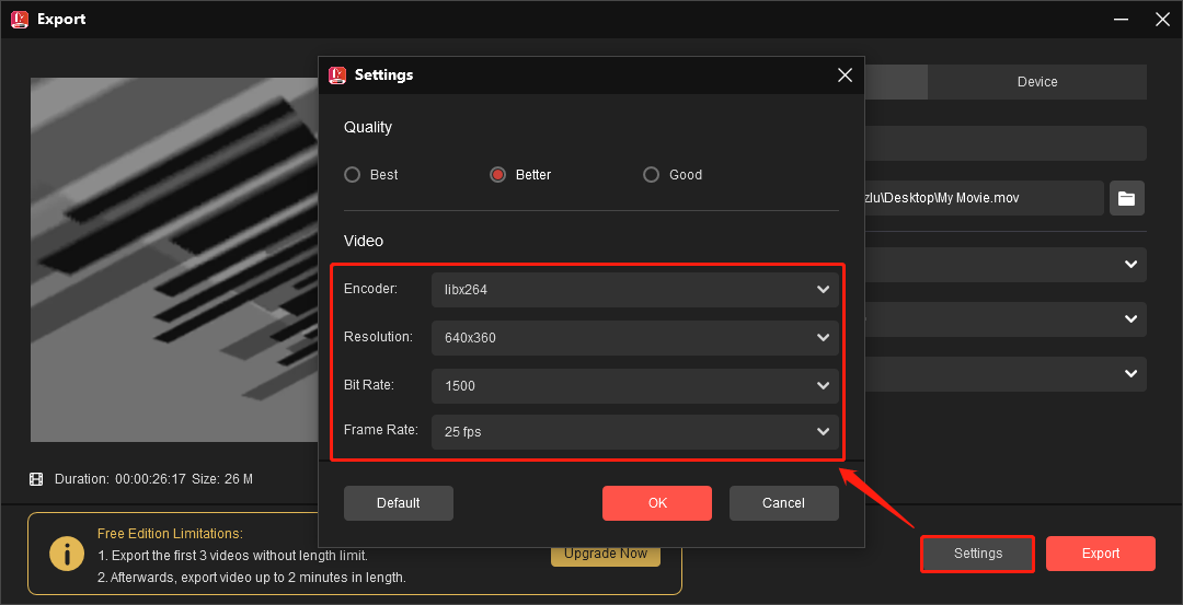 MiniTool MovieMakerで出力設定を調整している様子