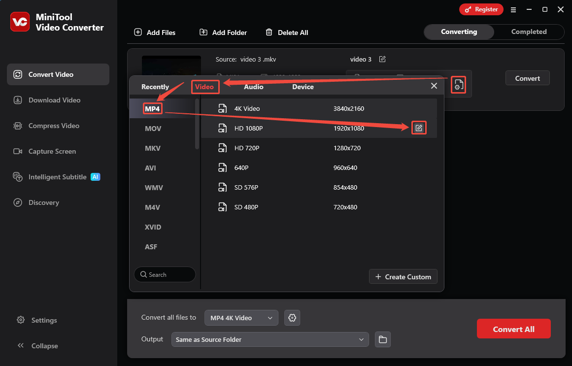 MiniTool Video Converter output format settings window showing how to set an output format and open the Settings window.