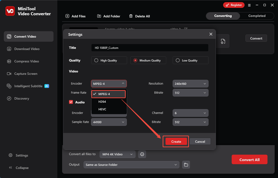 MiniTool Video Converter Settings window with the MPEG-4 option and the Create button selected in the Convert Video tab.