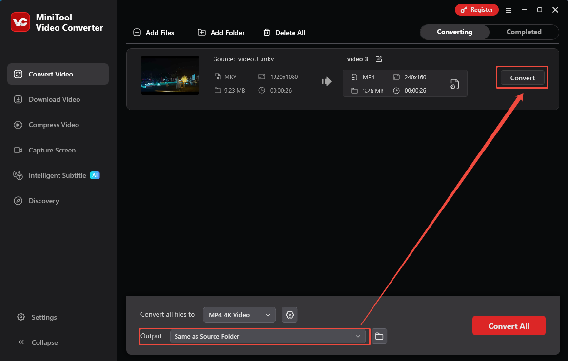 MiniTool Video Converter interface with the Output option and the Convert option selected in the Convert Video tab.
