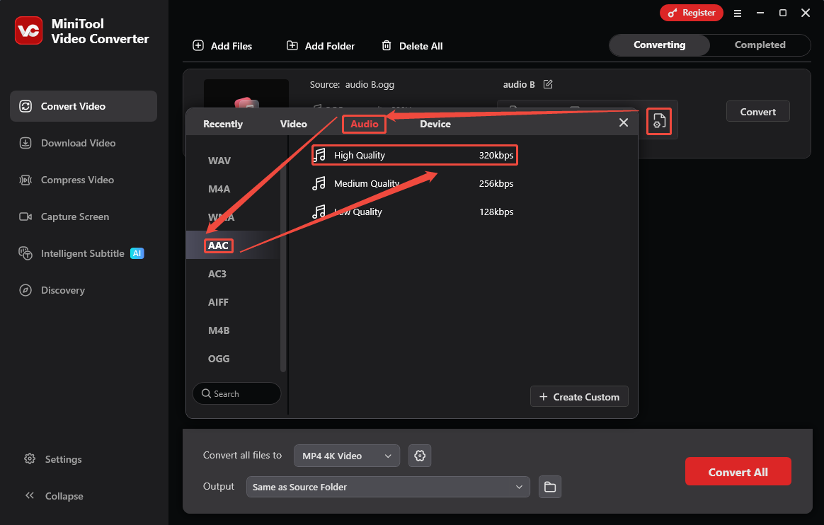 MiniTool Video Converter output format window showing how to configure AAC as the output format.