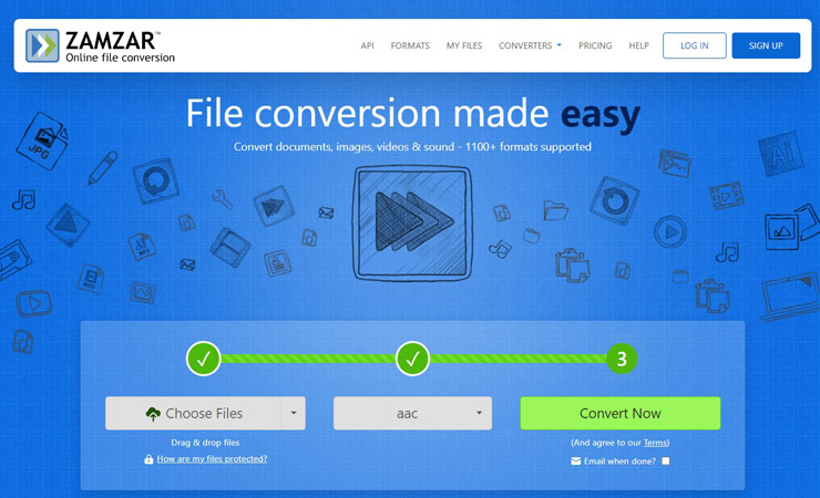 Zamzarの公式サイトが表示される画面