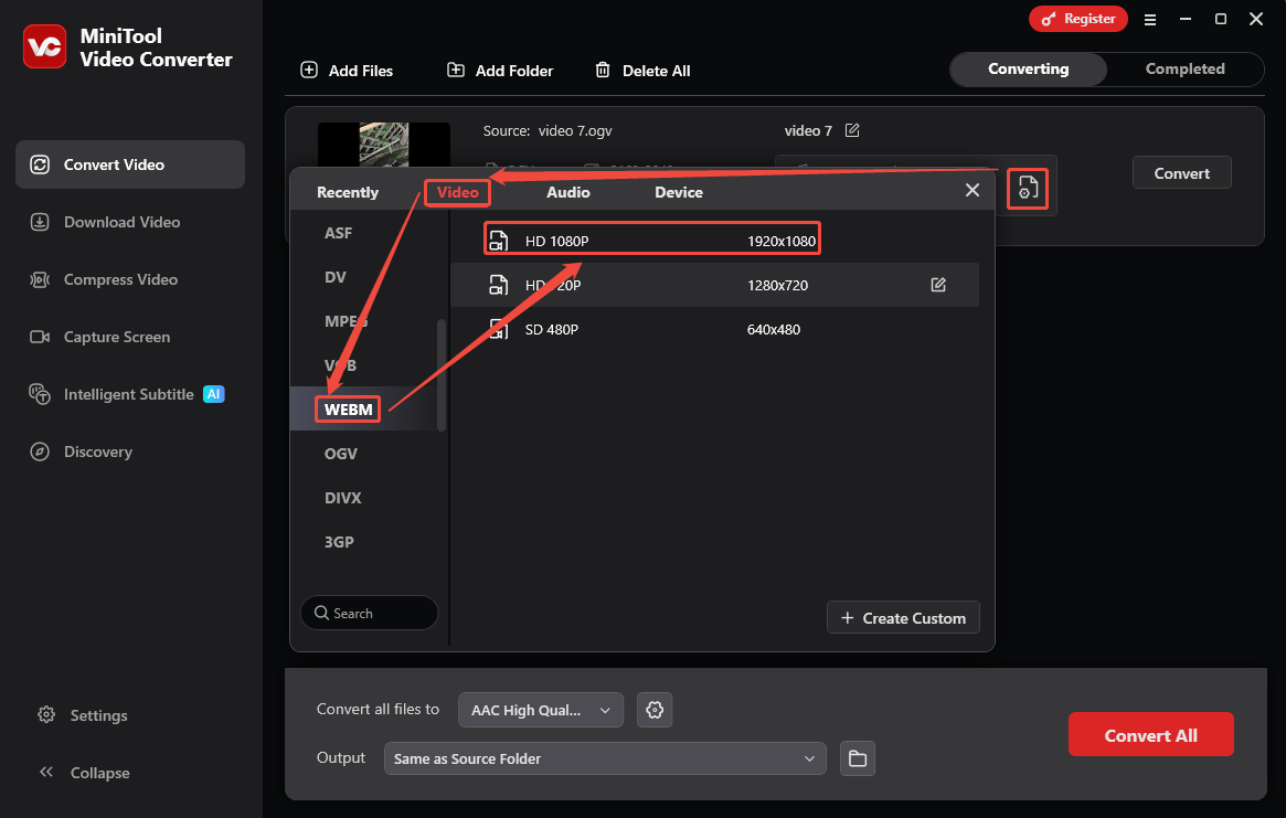 MiniTool Video Converter output format settings window showing how to set WebM as the output format.