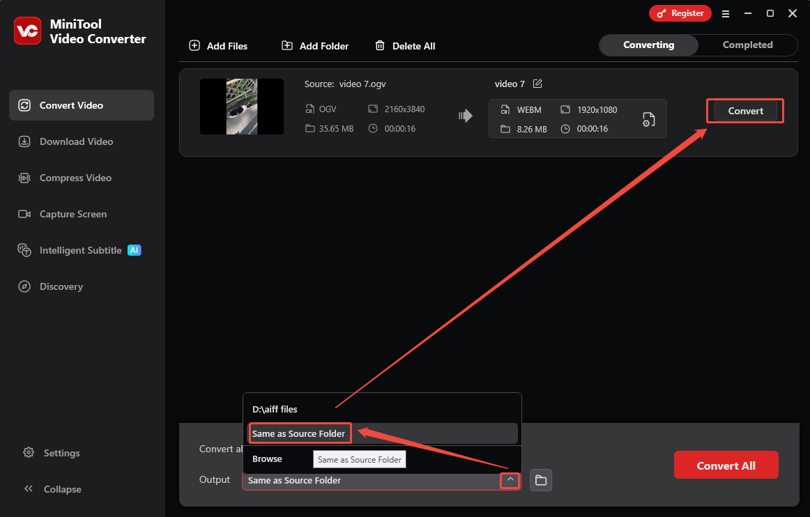 MiniTool Video Converter main interface with the Output option and the Convert button selected.