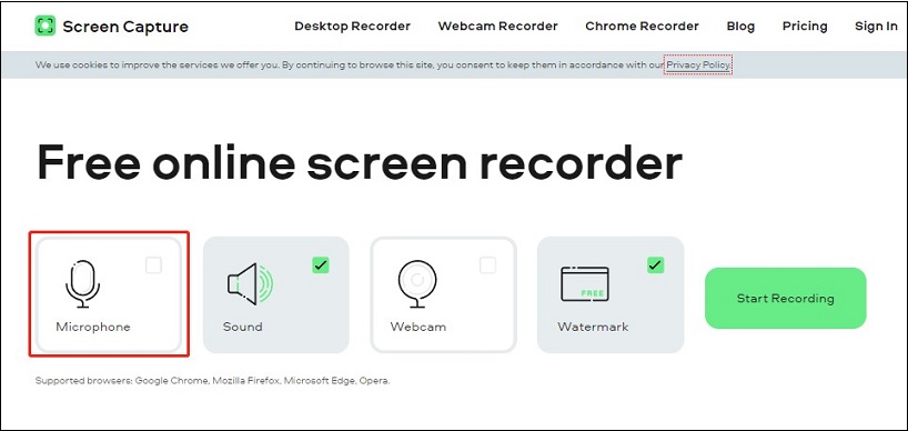 Screen Captureの公式サイトでMicrophoneアイコンをクリックしている様子