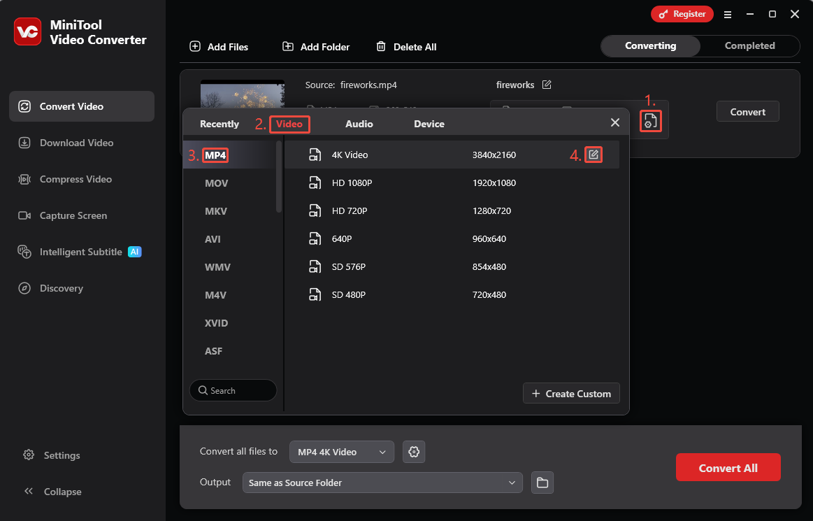 MiniTool Video Converter output format settings window showing how to set a format and open the Settings window.