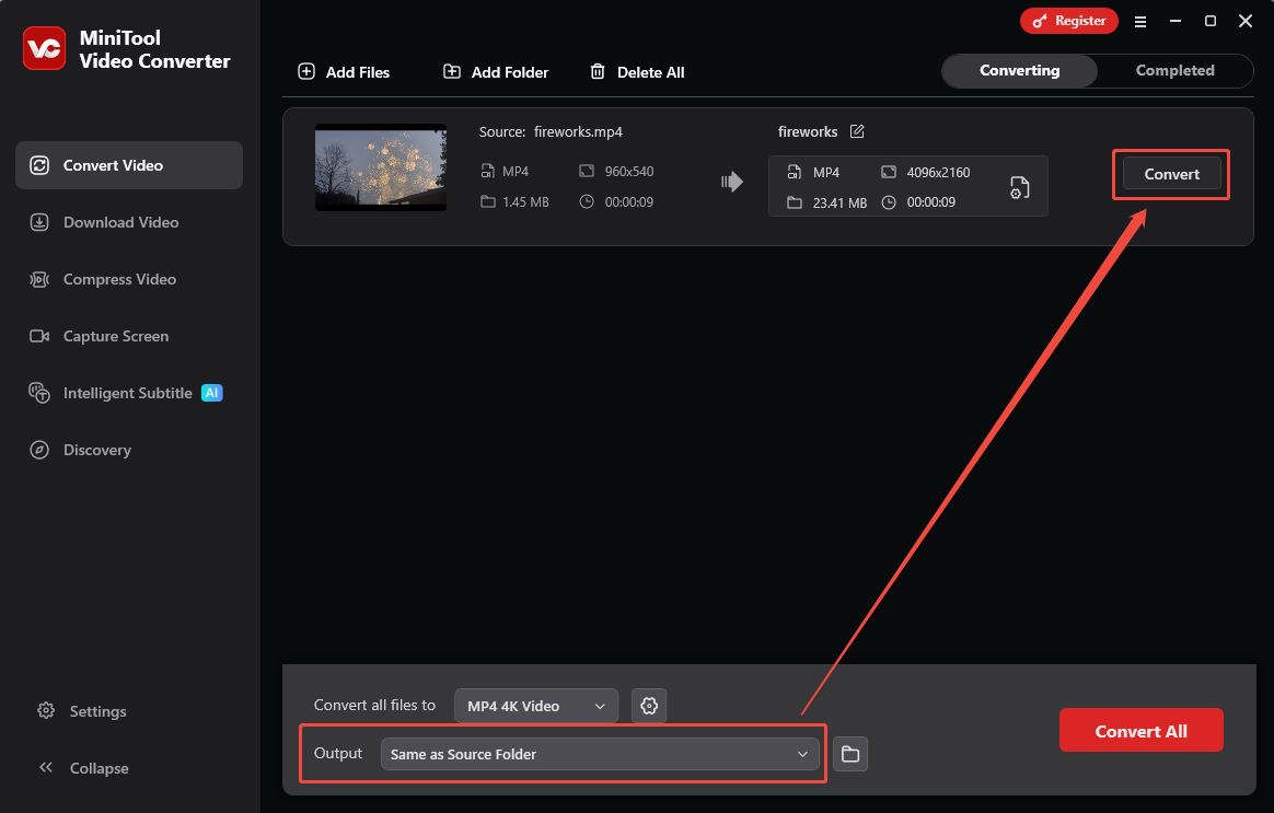MiniTool Video Converter interface with the Output option and the Convert button selected.