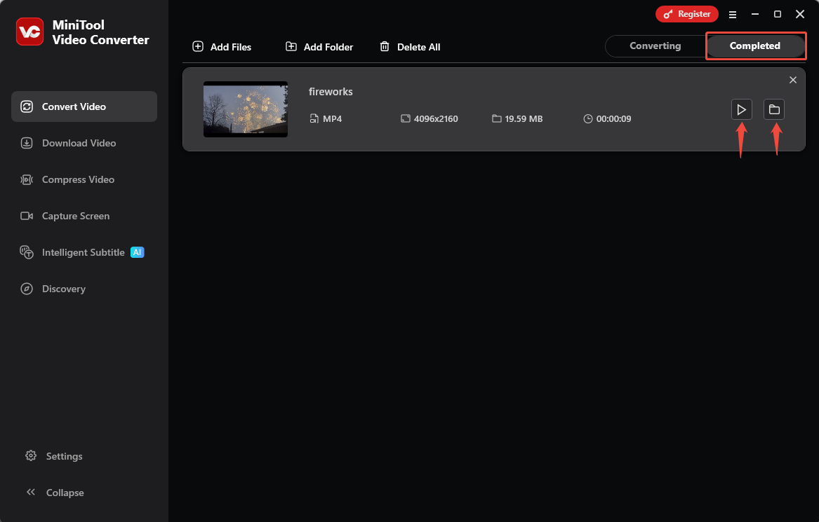 MiniTool Video Converter Completed tab with the Play icon and the folder icon selected.