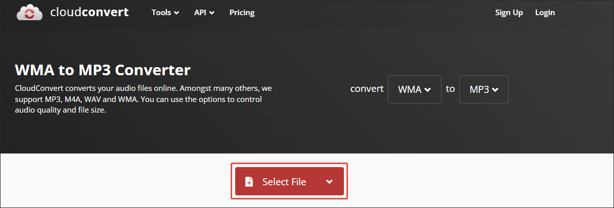 CloudConvertで「Select File」をクリックしている様子