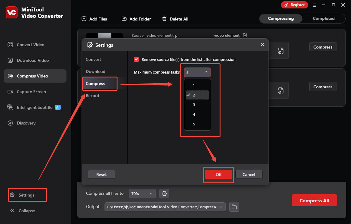 Passen Sie die maximalen Komprimierungsaufgaben im Fenster Einstellungen von MiniTool Video Converter an.