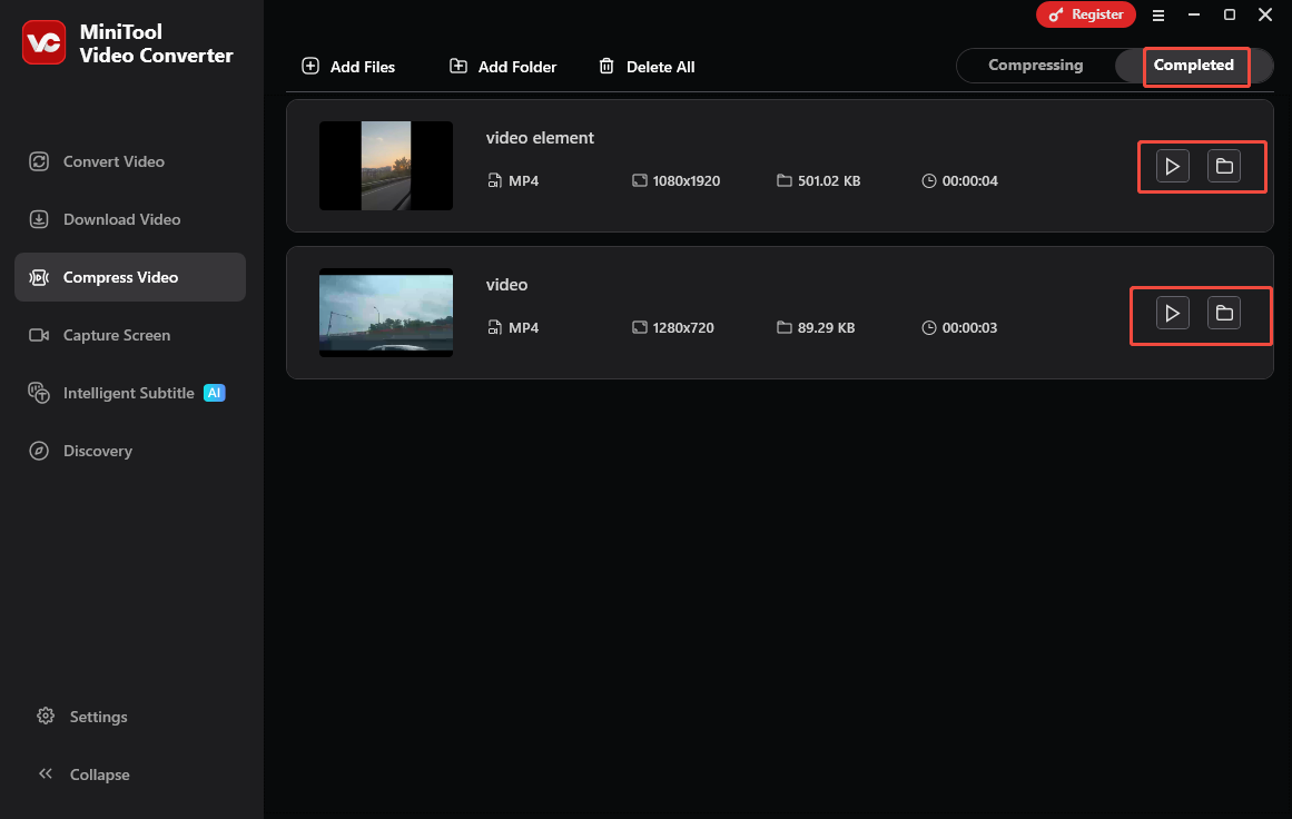 Klicken Sie auf das Symbol Wiedergabe oder das Symbol Ordner auf der Registerkarte Abgeschlossen von MiniTool Video Converter, um die Ausgabedateien anzuzeigen oder zu suchen.
