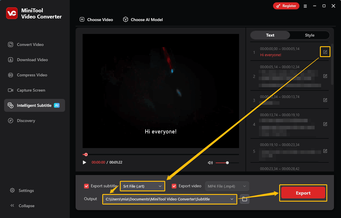 Die Benutzeroberfläche von MiniTool Video Converter zeigt, wie Sie den Text bearbeiten, das Exportformat auswählen, den Ausgabeordner festlegen und den Export durchführen können.