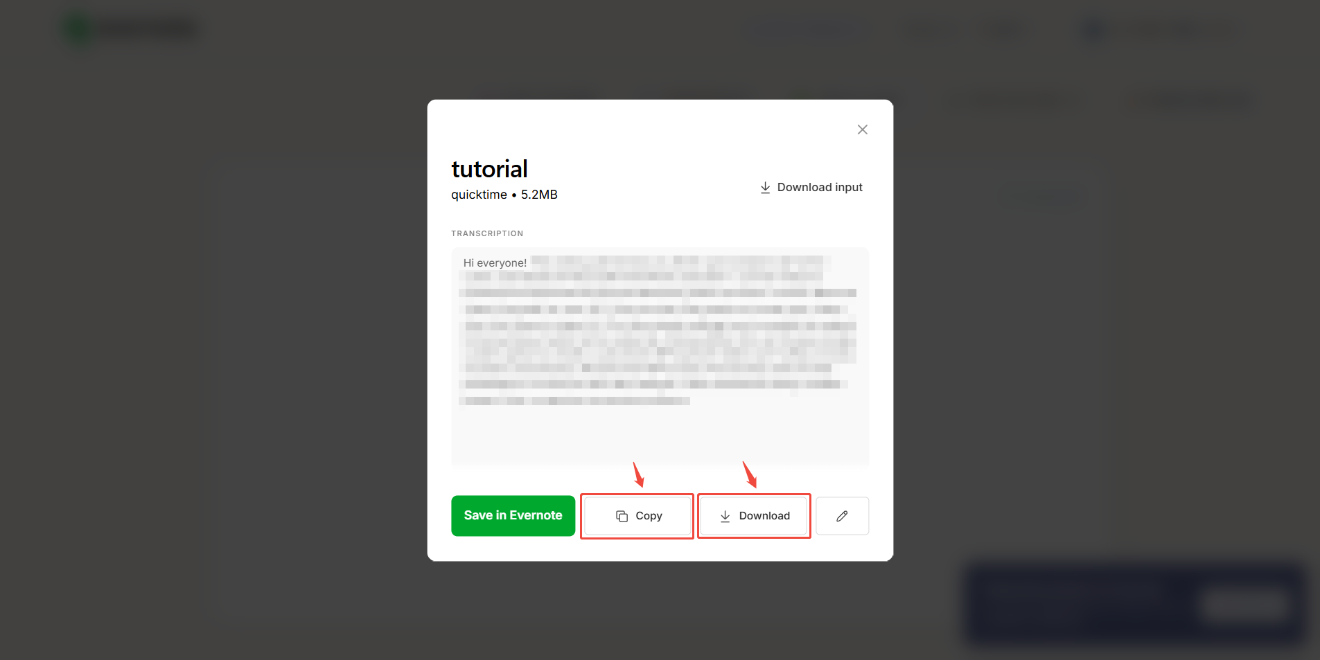 Evernote-Oberfläche mit hervorgehobener Schaltfläche Kopieren und Herunterladen.