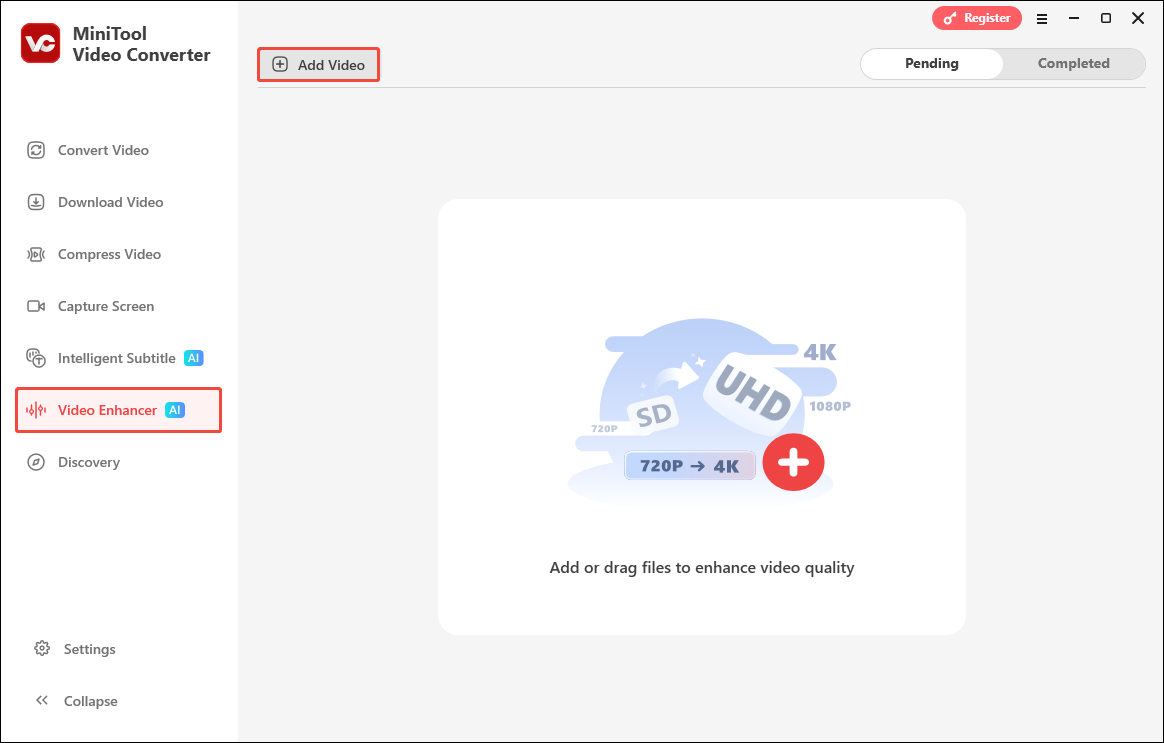 MiniTool Video Converter interface with the Video Enhancer tab and the Add Video option selected.