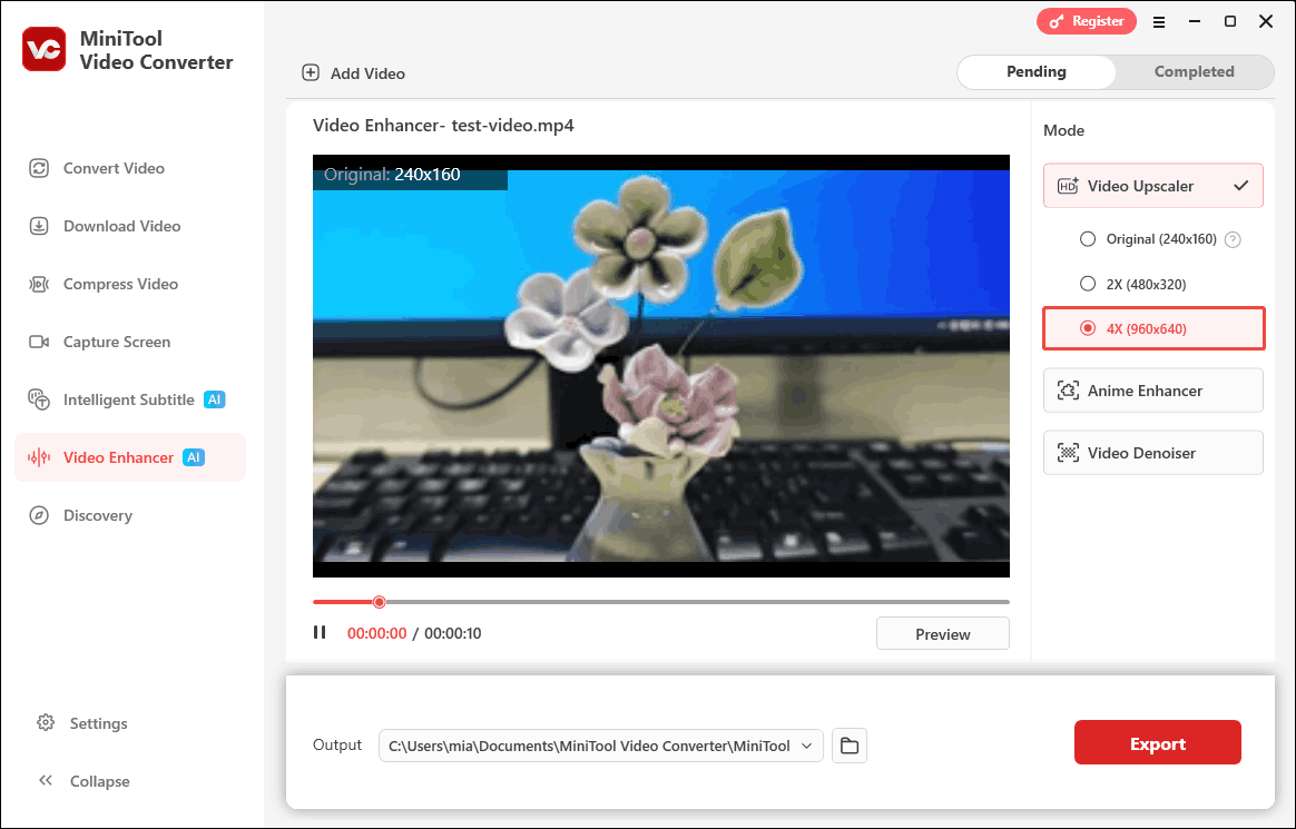 MiniTool Video Converter interface with the Video Upscaler list expanded and the 4X option selected.