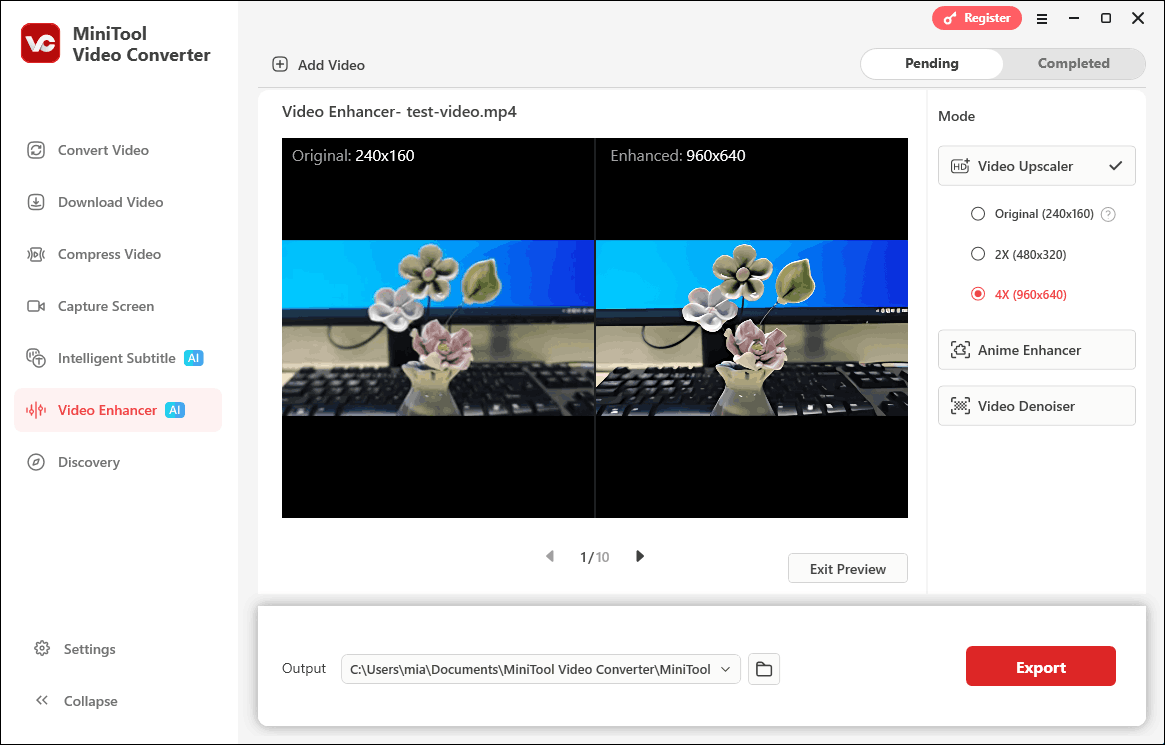 MiniTool Video Converter Video Enhancer interface with the comparison of original video and enhanced video.