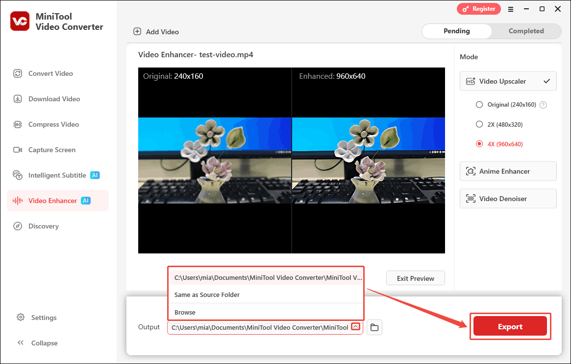 MiniTool Video Converter Video Enhancer interface showing how to choose the output format and Export the video.