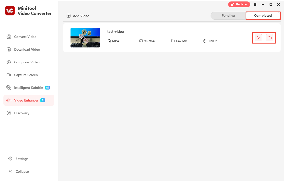 MiniTool Video Converter Video Enhancer interface with the play icon and the folder icon selected under Completed tab.