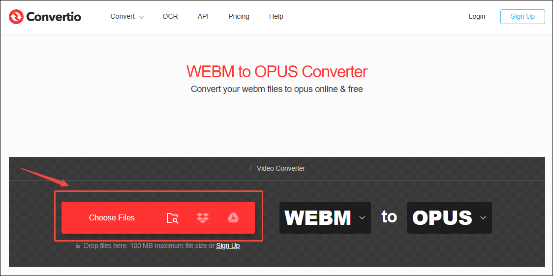 Convertio interface with the Choose Files option selected.