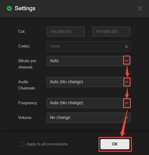 Convertio Settings window showing how to adjust advanced settings for the converted audio.