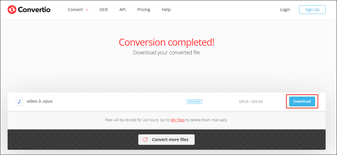 Convertio interface with the Download button selected.