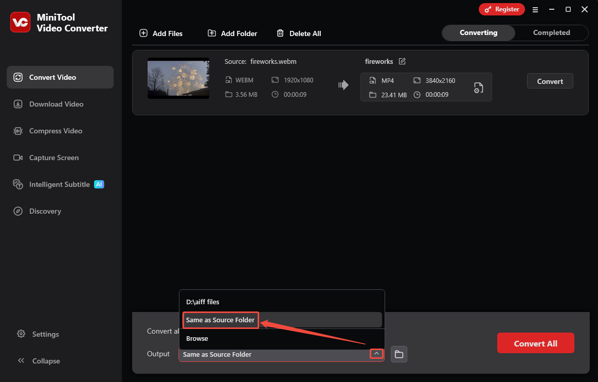 MiniTool Video Converter interface with the expanded Output option and the Same as Source Folder selected.