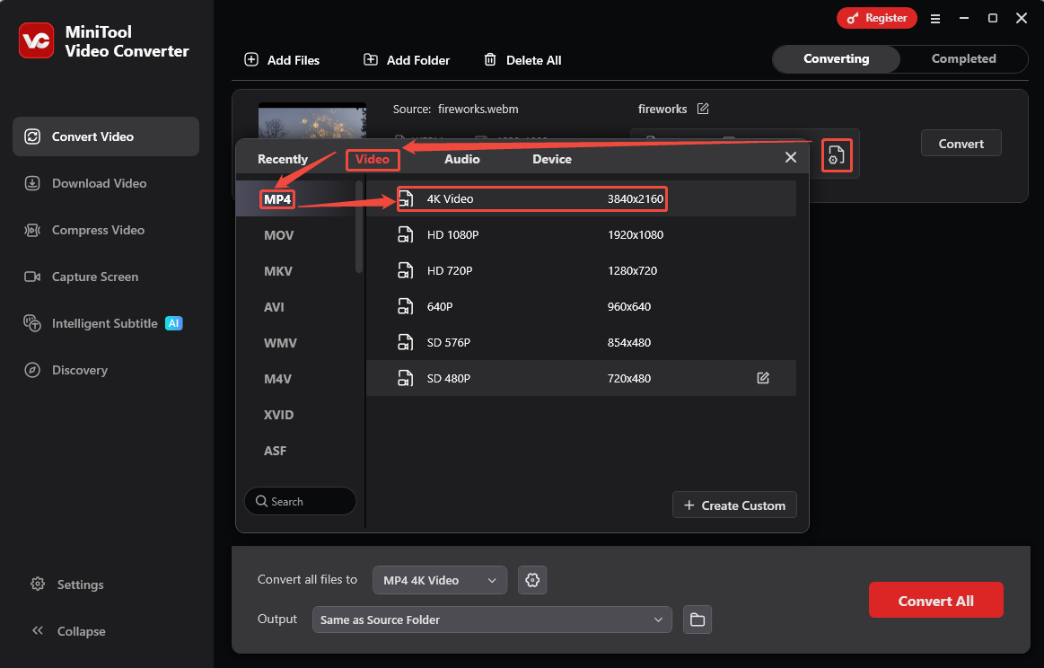 MiniTool Video Converter output format settings window showing how to choose MP4 encoded by H264 as the output format.