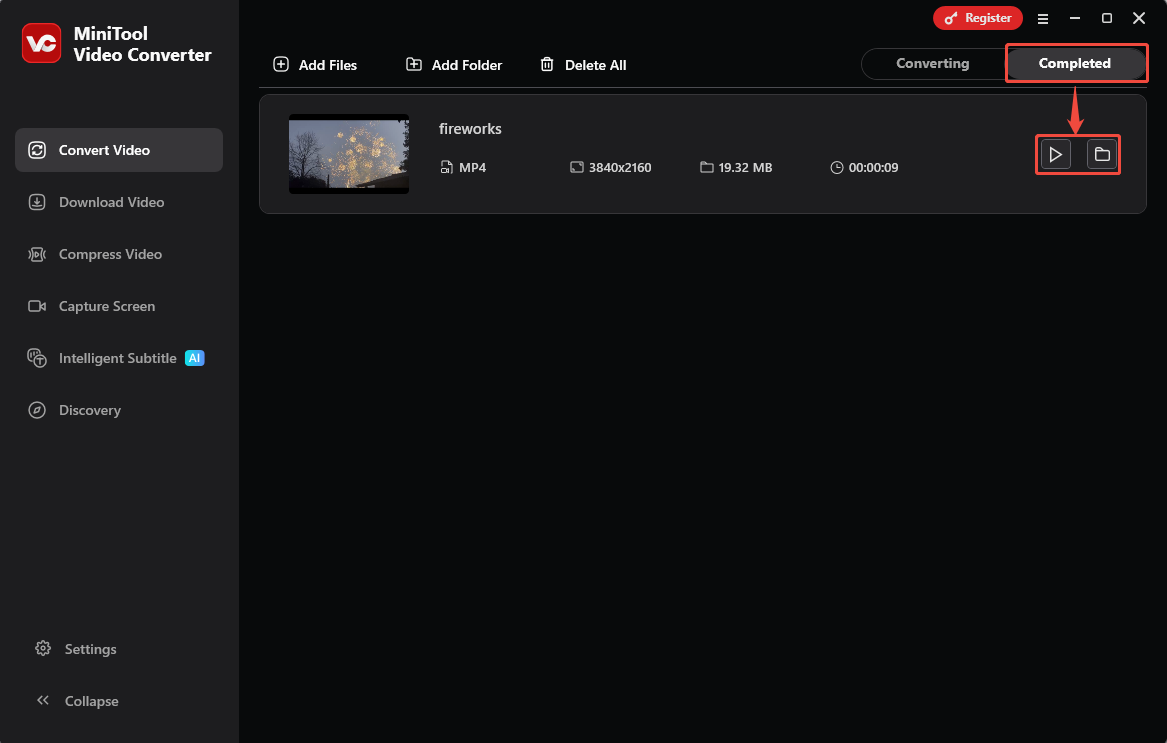 MiniTool Video Converter Completed tab with the Play icon and the Folder icon selected under the Convert Video tab.