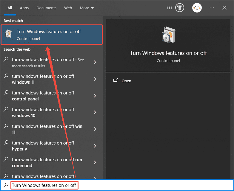 Windows search box with the Turn Windows features on or off typed in and the corresponding search result selected.
