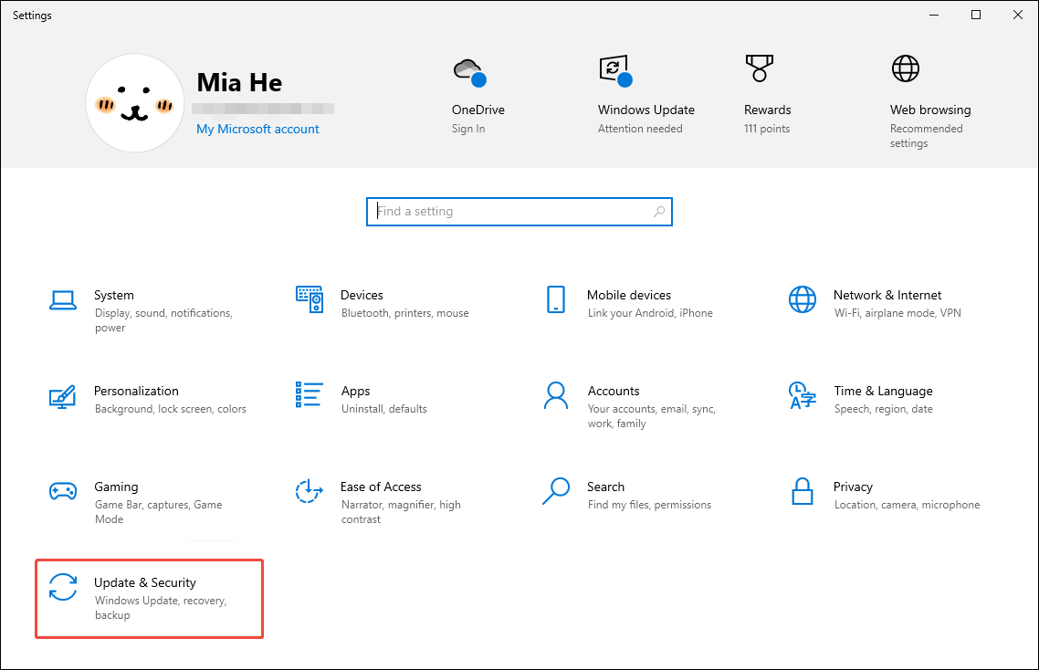 Windows Settings window with the Update and Security option selected.