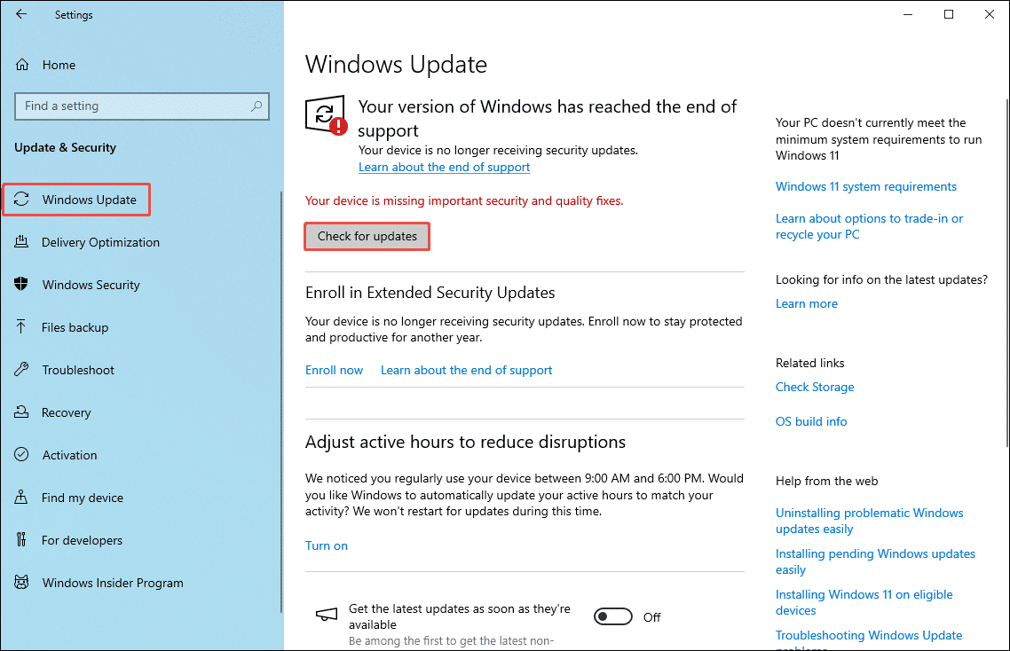 Windows Settings window with the Windows Update option and the Check for updates option selected.