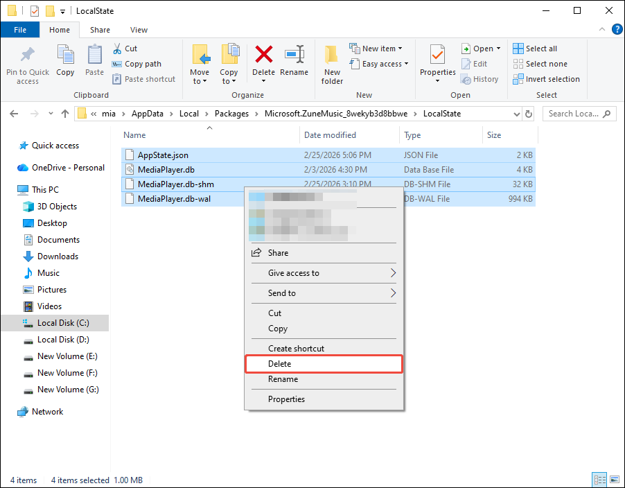 Windows File Explorer showing context menu with Delete option highlighted for selected database files of Media Player.