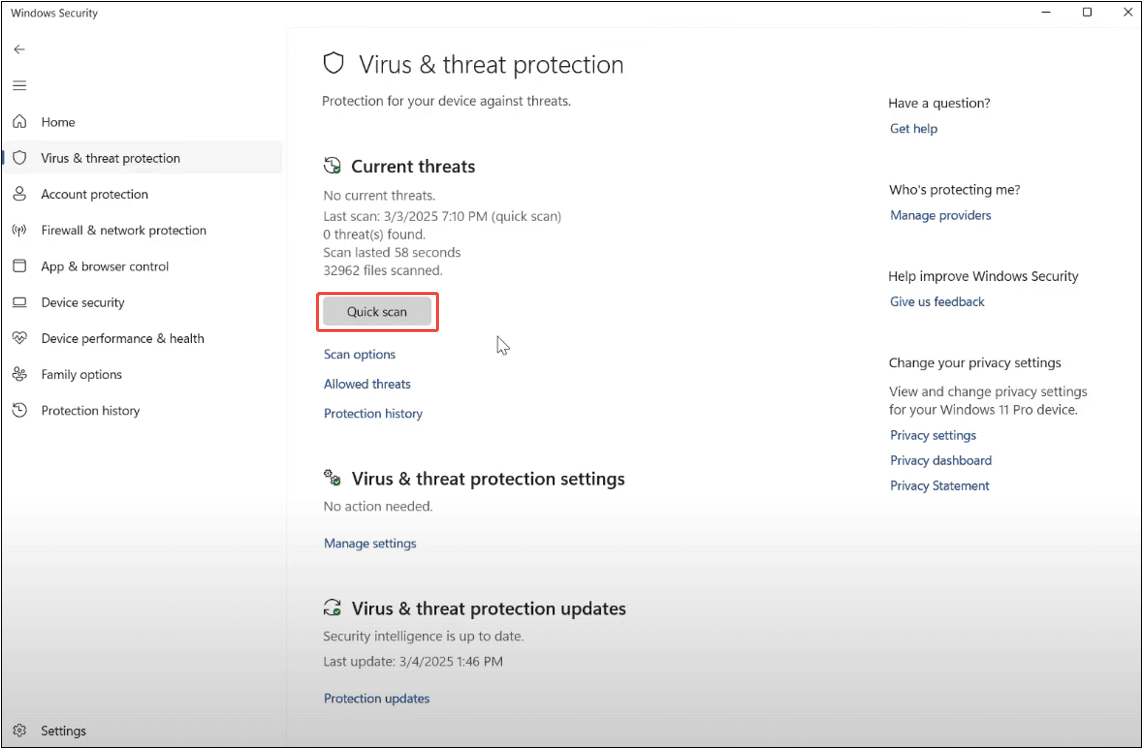 Windows Security window with the Quick scan option selected under the Virus and threat protection tab.