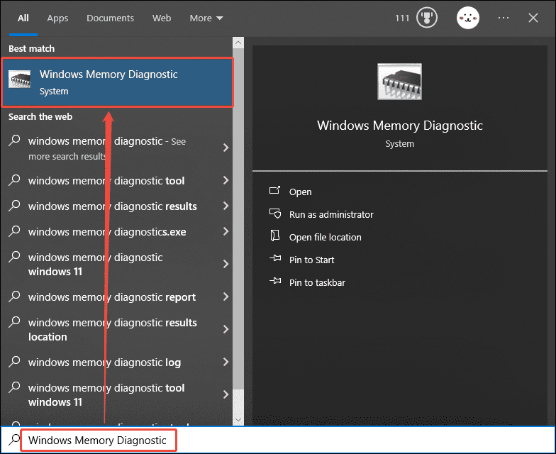 Windows search box with Windows Memory Diagnostic typed in and the corresponding option selected.