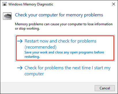 Windows Memory Diagnostic window with the Restart now and check for problems option selected.