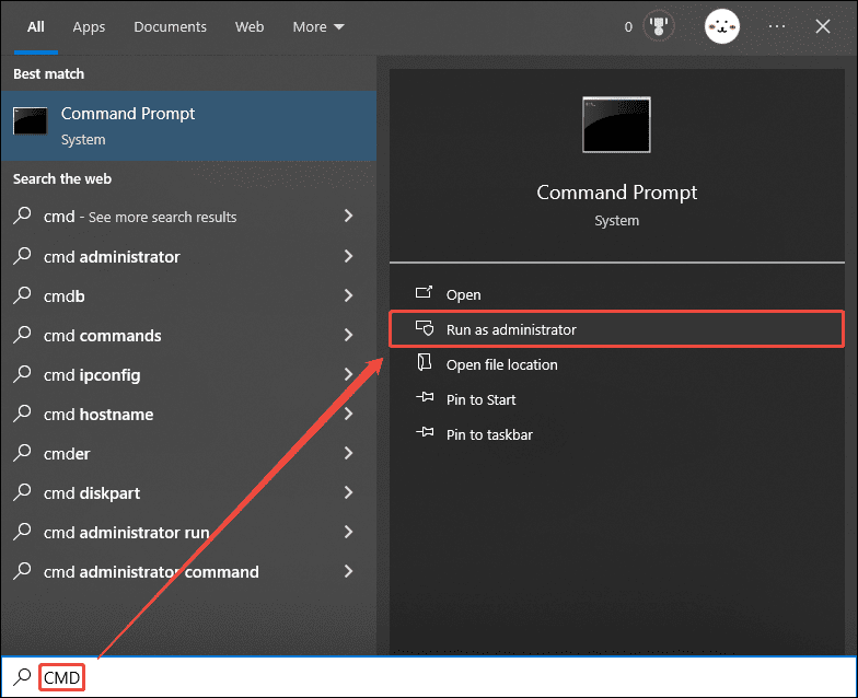 Windows search box with the CMD typed in and the Run as administrator option selected.