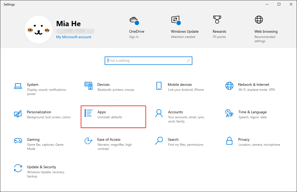 Windows Settings window with the Apps option selected.