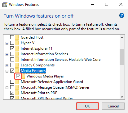 Windows Features window with the Windows Media Player option checked and the OK button selected.