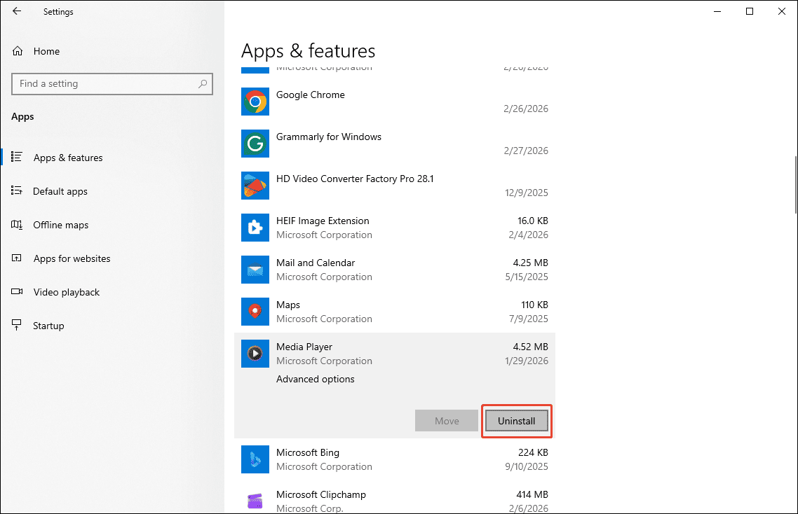 Windows Settings window with the Uninstall option of Media Player selected.