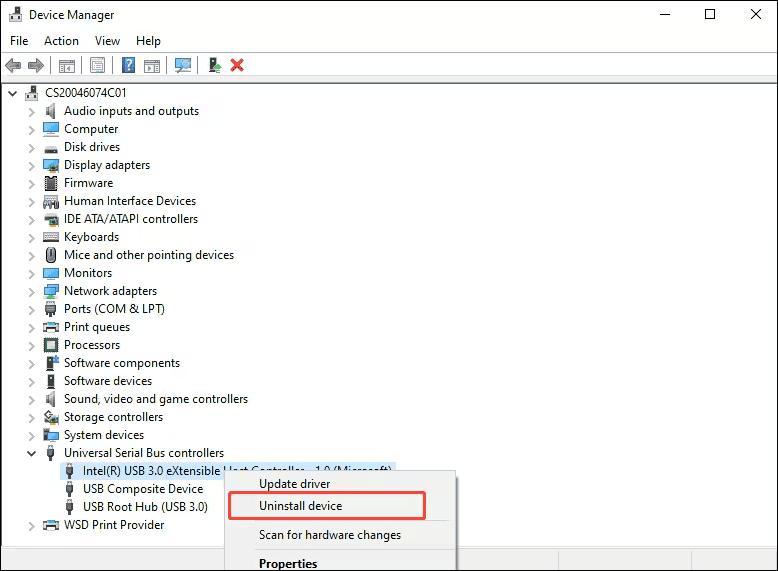 Windows Device Manager window with the USB device clicked and the Uninstall device option selected.