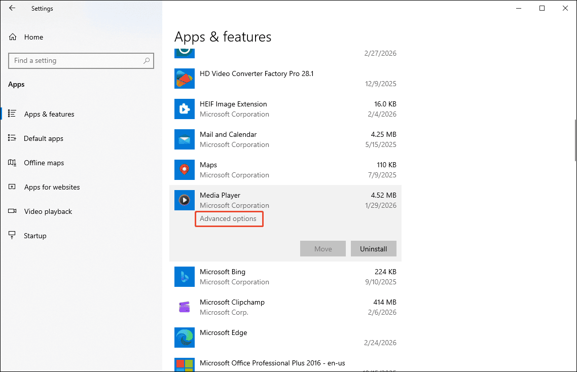 Windows Settings window with the Advanced options selected in the Media Player section.
