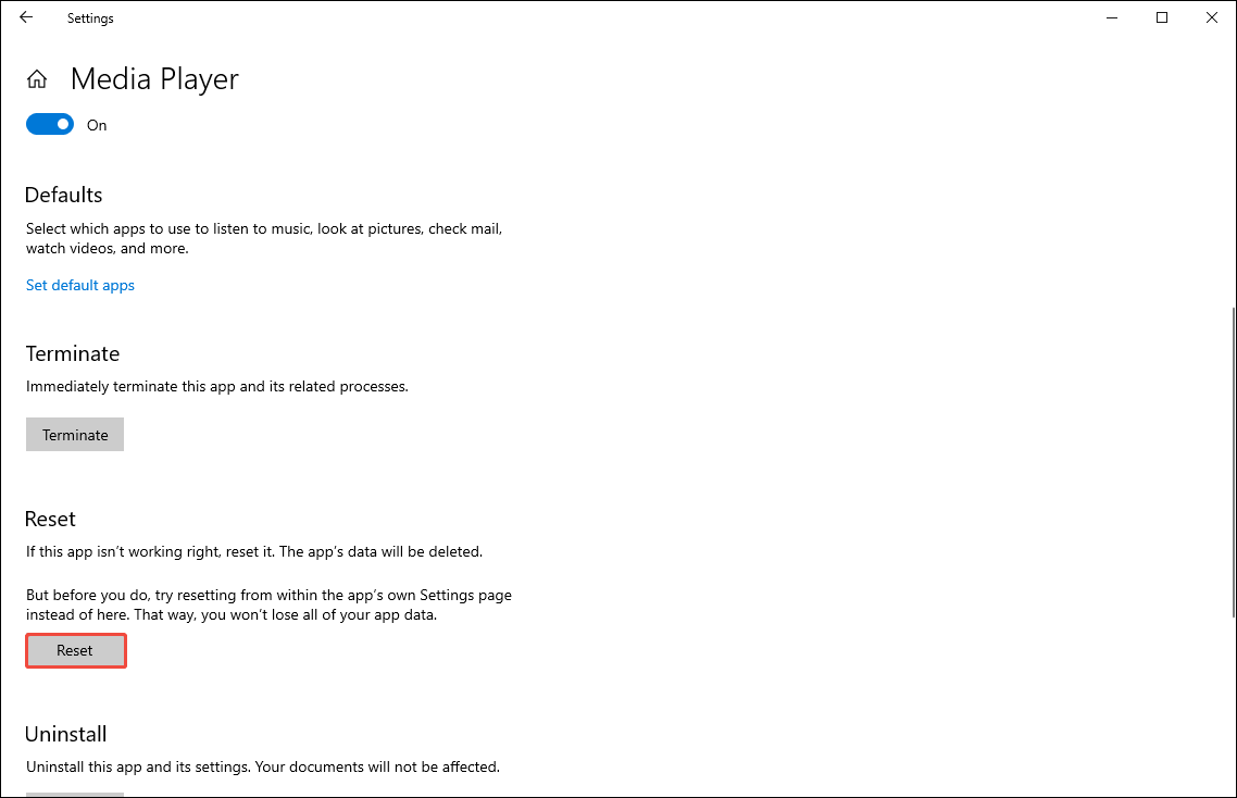 Windows Settings showing Media Player app options with the Reset button selected.