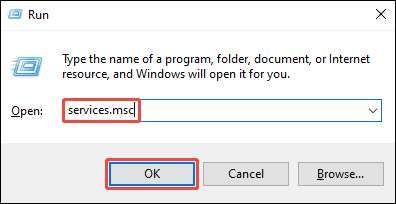Windows Run window with servicesmsc entered and the OK button selected.