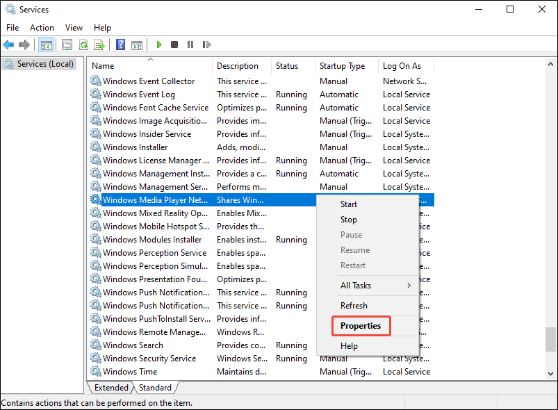 Windows Services window with Windows Media Player Network Sharing Service highlighted and the Properties option selected.