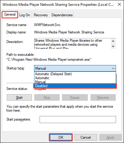 Windows Media Player Network Sharing Service Properties window with the Startup type disabled and the OK button selected.