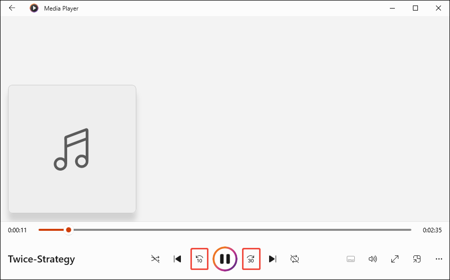 Windows Media Player audio playback interface with skip back and skip forward options selected.