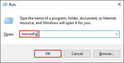 Windows Run window with the msconfig typed in and the OK button highlighted.