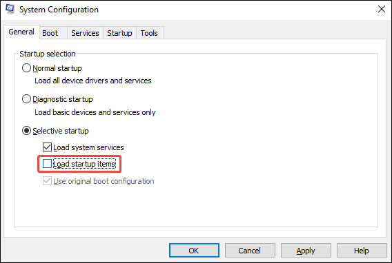 Windows System Configuration window with the Load startup items unchecked.